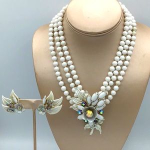Vintage Demi-parure Brooch and earrings set with Milk Glass Necklace